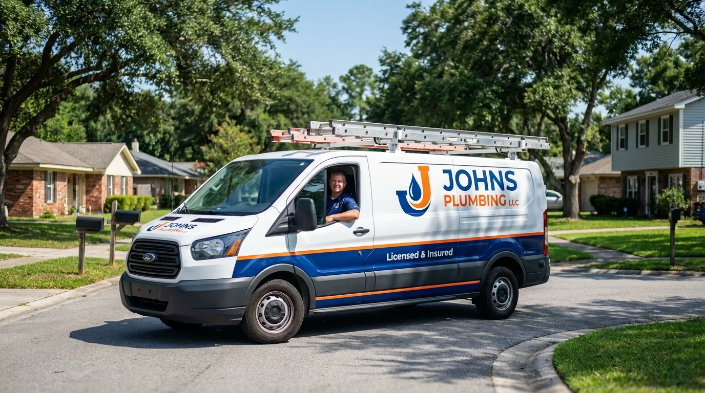 Johns Plumbing LLC service van in Sherman, CT