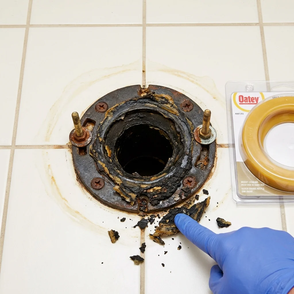 Failed wax ring showing water seepage at the base of a toilet in a Sherman, CT home