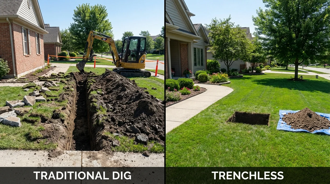 Trenchless sewer repair with minimal yard damage versus traditional excavation in Sherman, CT