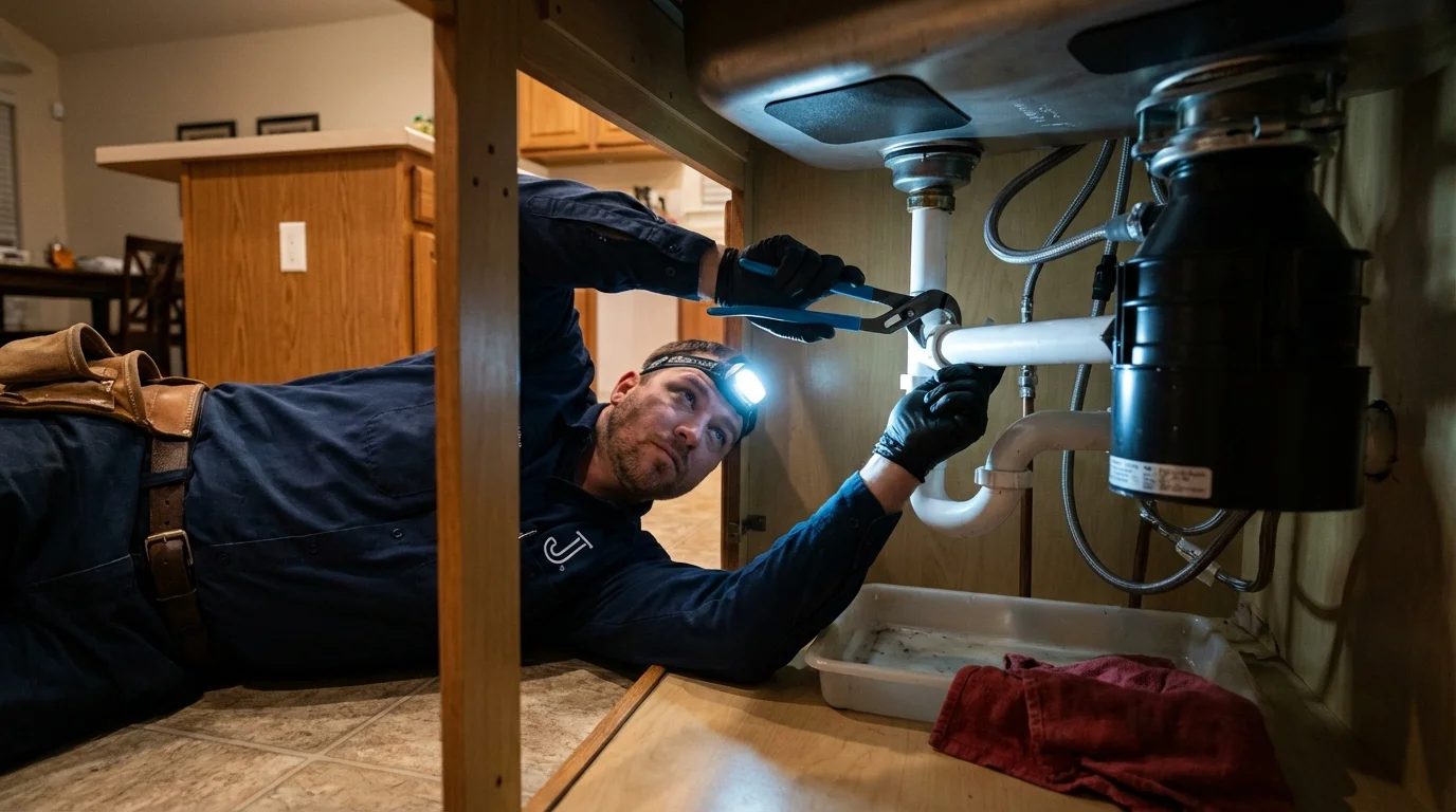 P-trap and supply line connections under a kitchen sink showing a common leak point in Sherman, CT